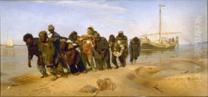Convicts pulling a boat along the Volga River, Russia, 1873