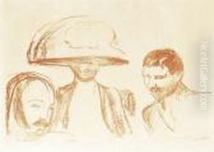 To Menn Og Kvinne Med Stor Hatt by Edvard Munch