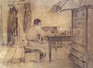 Lev Tolstoy (1818-1910) in his Study, 1891 by Repin Iliya