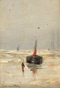 A Fisherman And A Flat-bottom Boat On The Beach A Fisherman And A Flat-bottom Boat On The Beach