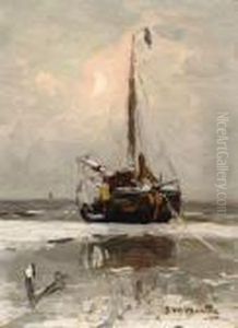 Barge On The Beach At Dusk by Gerhard Arij Ludwig Morgenstje Munthe