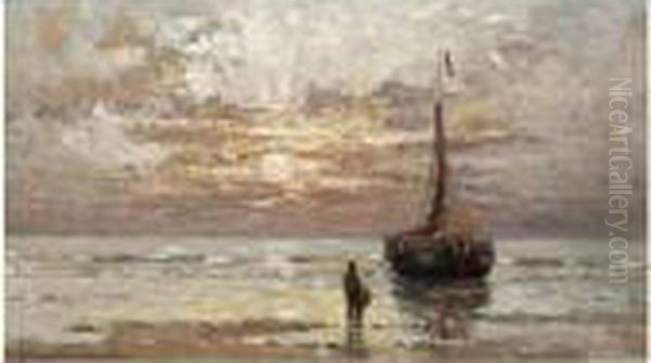 A Figure Near A Moored Bomschuit In The Breakers - view 1
