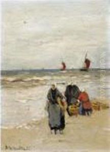Fisherwomen On The Beach by Gerhard Arij Ludwig Morgenstje Munthe