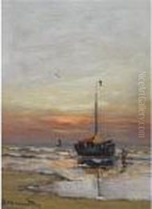 A Bomschuit In The Breakers At Sunset by Gerhard Arij Ludwig Morgenstje Munthe