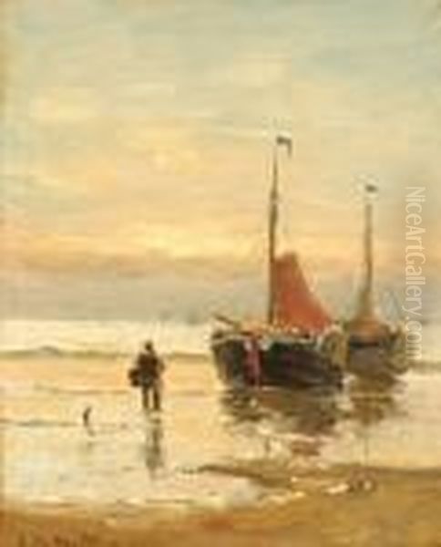 A Fisherman By Two Boats On The Beach - view 1