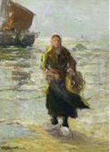 A Fisher Woman On The Beach by Gerhard Arij Ludwig Morgenstje Munthe