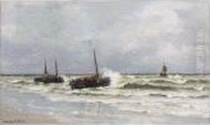 Bomschuiten With Fishermen In The Breakers, Katwijk by Gerhard Arij Ludwig Morgenstje Munthe