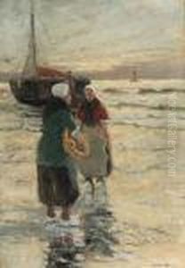 Fisherwomen Near A Bomschuit On The Beach by Gerhard Arij Ludwig Morgenstje Munthe