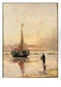 A Beached Bomschuit At Sunset by Gerhard Arij Ludwig Morgenstje Munthe
