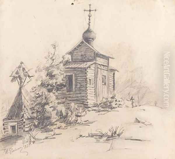 Russian wooden Church in a Graveyard - view 1