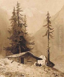 Wooden Hut in an Alpine Landscape by Repin Iliya