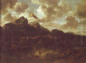 Mountainous and wooded landscape with a river by Jacob Van Ruisdael
