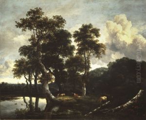 Grove of large oak trees at the edge of a pond by Jacob Van Ruisdael