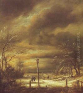 Winter landscape with a lamp-post and a distant view of haarlem by Jacob Van Ruisdael