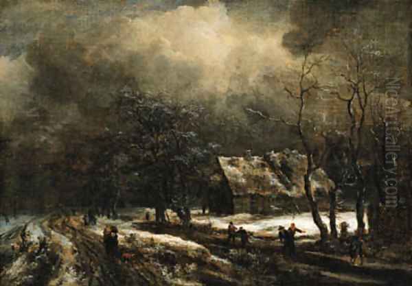 A winter landscape with peasants on a road and skaters on a frozen river, a cottage nearby - view 1