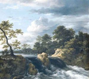 A river Landscape with a Waterfall by Jacob Van Ruisdael