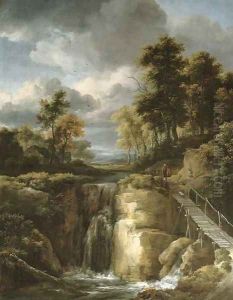 A wooded river landscape with a waterfall and figures by Jacob Van Ruisdael