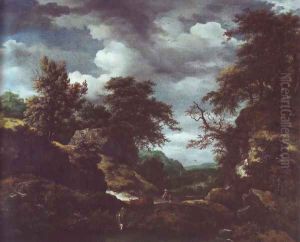 Hilly wooded landscape with cattle by Jacob Van Ruisdael