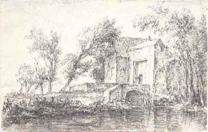 A landscape with a farmhouse by a river by Jacob Van Ruisdael