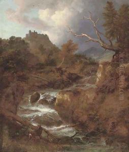 A mountainous wooded river landscape with a stag by a waterfall, Bentheim Castle beyond