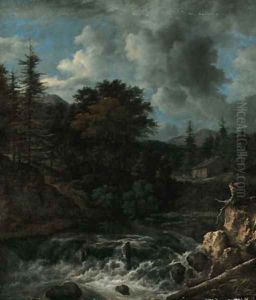 A torrent in a Scandinavian wooded landscape, a cottage beyond by Jacob Van Ruisdael