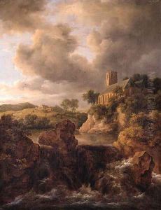 A waterfall in a mountainous landscape, a church on a cliff beyond