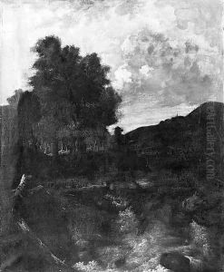 A waterfall in a wooded landscape, a shepherd with flock on a bridge beyond by Jacob Van Ruisdael