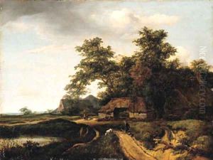 A wooded landscape with a traveler resting on a path