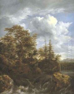 A wooded river landscape with a waterfall and travellers on a bridge by Jacob Van Ruisdael