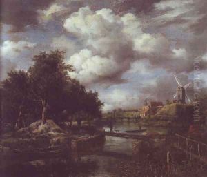 Landscape with a windmill near town moat