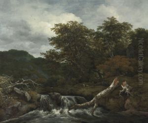 Waterfall in a hilly wooded landscape by Jacob Van Ruisdael