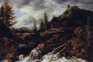 Waterfall in a mountainous landscape with a ruined castle by Jacob Van Ruisdael