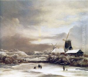 Winter landscape with two windmills by Jacob Van Ruisdael