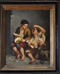 Two Boys Eating Pumpkin And Grapes