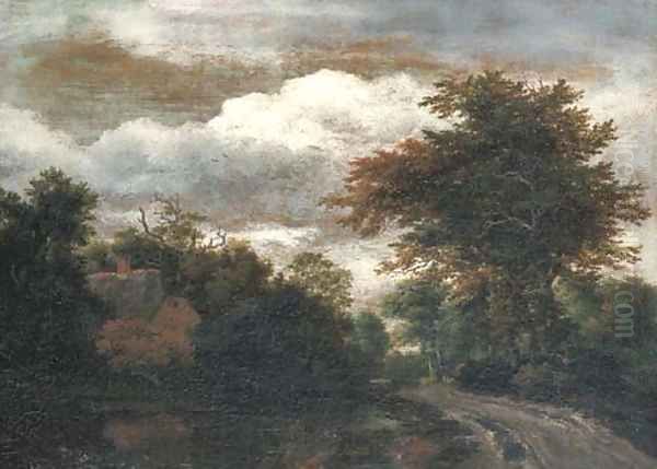 A wooded landscape with a traveller on a path by a pond - view 1