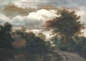 A wooded landscape with a traveller on a path by a pond by Jacob Van Ruisdael