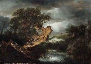 A wooded river landscape with a blasted tree