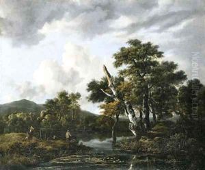 A wooded river landscape with figures on a bank by Jacob Van Ruisdael
