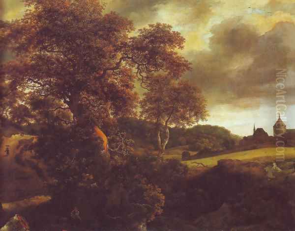 Hilly landscape with a great oak and a grainfield - view 1