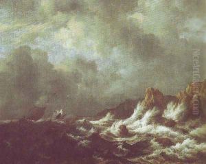 Rough sea with sailing vessels off a rocky coast