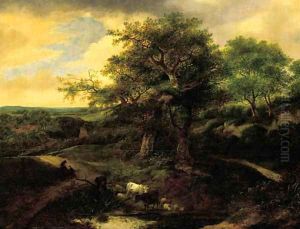 Cattle and sheep watering at a pool in the dunes by Jacob Van Ruisdael
