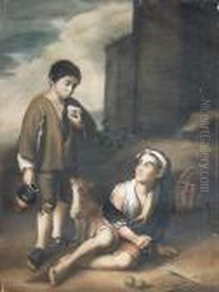 Two Spanish Boys With A Puppy In A Landscape - view 1