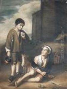 Two Spanish Boys With A Puppy In A Landscape by Bartolome Esteban Murillo