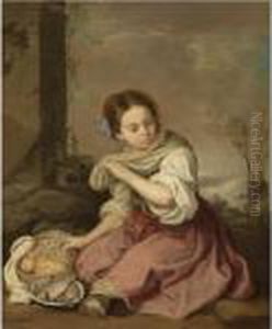A Young Girl Seated In A Landscape, Holding A Basket Of Fruit And A Plate Of Fish by Bartolome Esteban Murillo