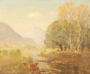 Cattle Watering In A River Landscape