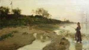 Woman With Fishing Net At The Shore