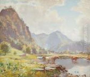 Mountainous Landscape, With Cattle Watering And A Cannon
