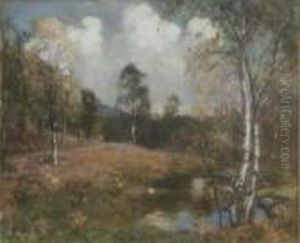 R.a., H.r.s.a., R.s.w. Pair Of 
Oils On Canvas Birch Trees Beside A Stream And On A Hillside Signed 14.5
 X 17.5in