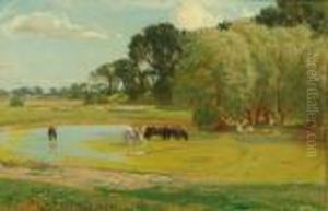Horses Watering In An Extensive Summer Landscape Horses Watering In An Extensive Summer Landscape