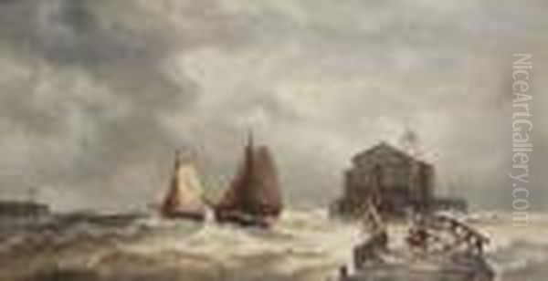 Vissers Bij Stormachtig Weer
Ophouten Pier, Paar Vissersboten In De Nabijheid En Stoomboot In
Deverte. - view 1